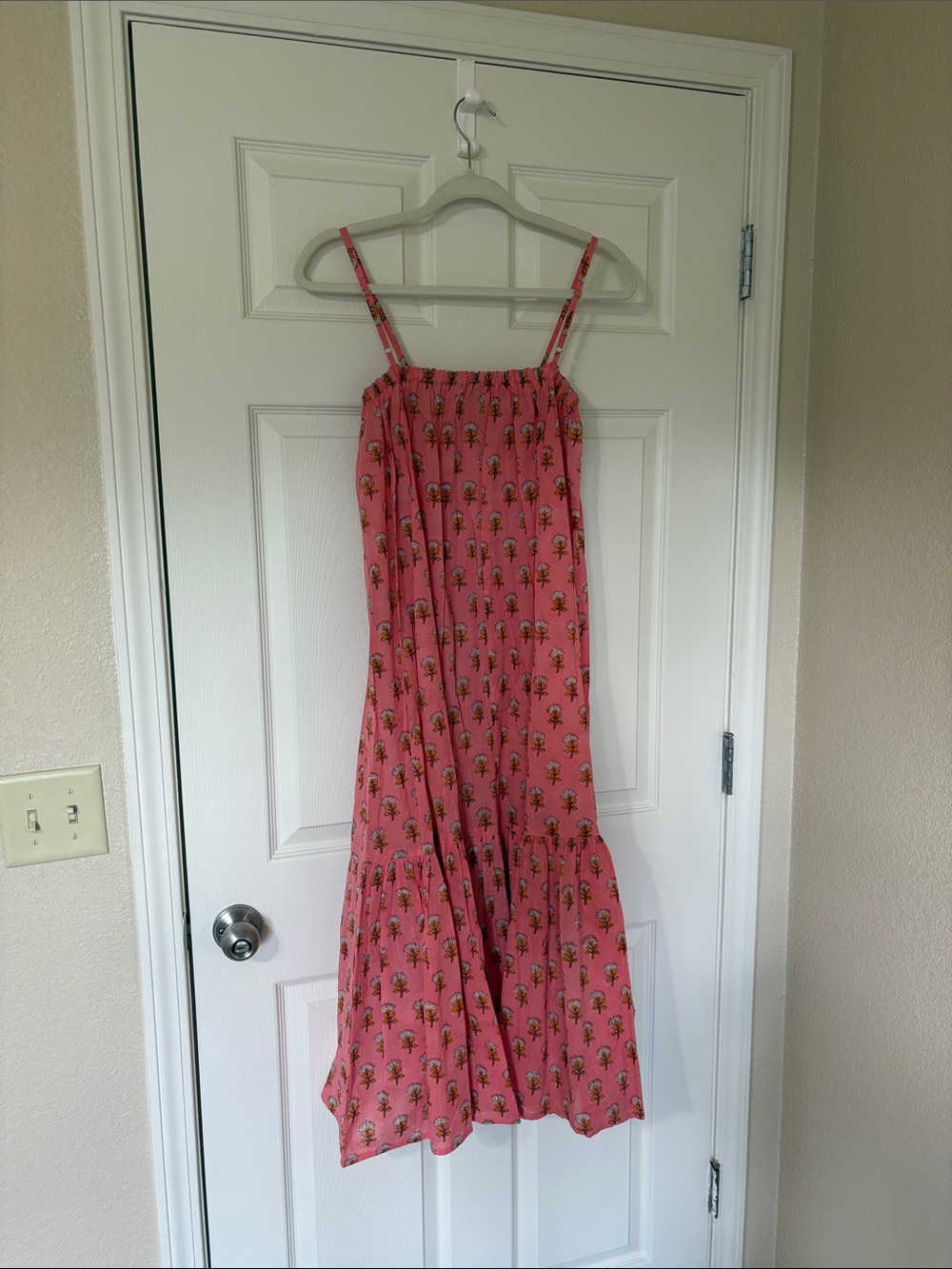 J. Crew Coral Pink Palm-Print Spaghetti-Strap Maxi Dress